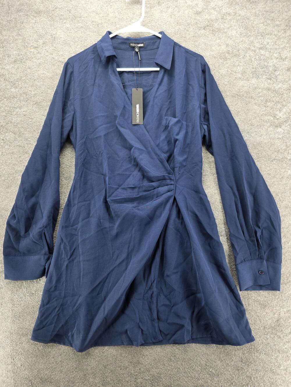 Fashion Nova Dress Womens Large Navy Rewind Time Shirt Dress Long Sleeve V Neck